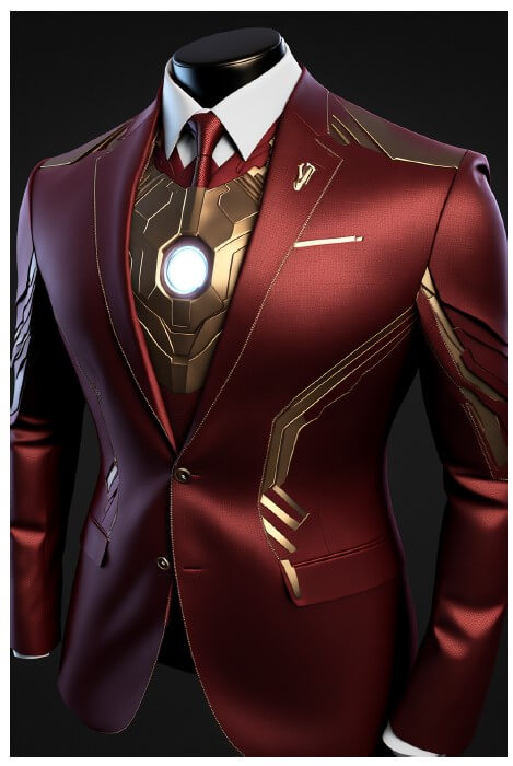 Fig 2 — Suit designed with MidJourney with the prompt “an elegant business suit that would be a tribute to iron man, full body, haute-couture, photorealistic, ultra detailed 4k -- ar 2:3”